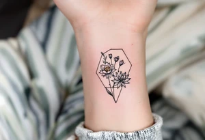 Leo symbol, larkspur and water lily surrounded by a hexagon tattoo idea