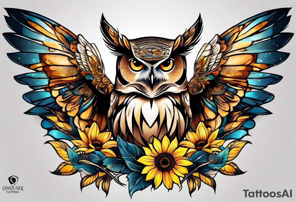 Sleeve with a owl sunflower and butterfly tattoo idea