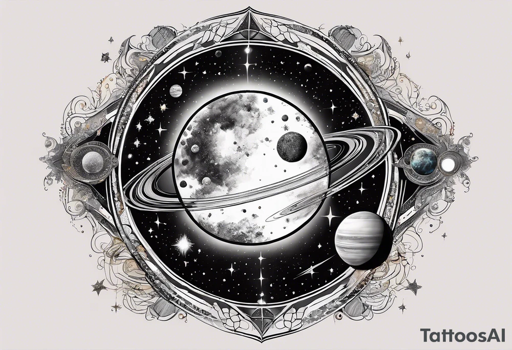 A tattoo featuring a cosmic scene with planets, black holes, and supernovae intertwined with intricate linguistic symbols, reflecting the client's interests in cosmology and linguistics. tattoo idea