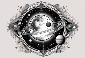A tattoo featuring a cosmic scene with planets, black holes, and supernovae intertwined with intricate linguistic symbols, reflecting the client's interests in cosmology and linguistics. tattoo idea