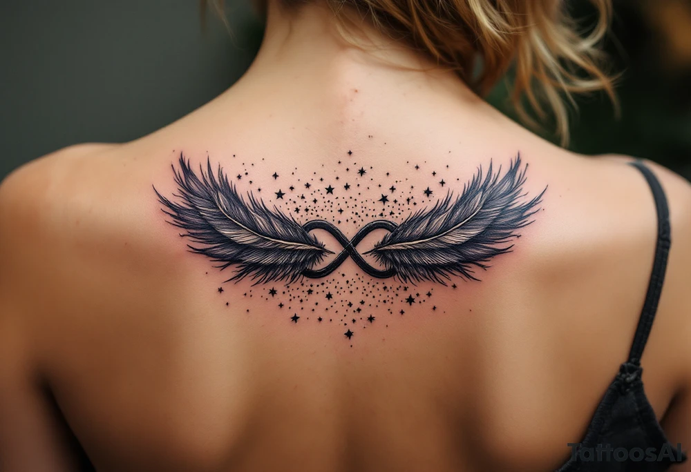 infinity symbol woven with floating feathers and stardust tattoo idea