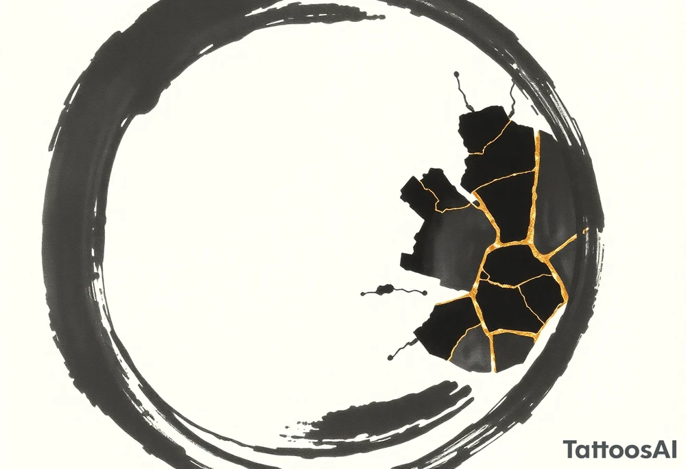 A Japanese‑inspired tattoo of a thick Zen ensō circle, drawn with a bold, hand‑painted black ink brushstroke. The circle is imperfect and organic, with visible texture and subtle variation in line thickness. About the last quarter of the circle, near the top‑right, transforms into a cracked ceramic segment that has been repaired using kintsugi: visible broken pieces outlined and joined by thin, flowing gold lines. There should be a couple big pieces rather than lots of small ones. The circle and the ceramic part should have the same thickness. The gold seams follow the natural fractures of the ceramic section, creating several branching cracks rather than a single line, clearly distinguishing this repaired portion from the rest of the smooth ink circle. The transition from ink to ceramic should feel natural, as if the painted circle solidifies into a fragile object that has been lovingly mended. Keep the interior of the circle empty, with a clean white background and no extra symbols or text. Design it as a black and gray tattoo with a subtle metallic gold effect on the kintsugi seams, suitable for a medium‑sized placement on the back of the bicep. tattoo idea