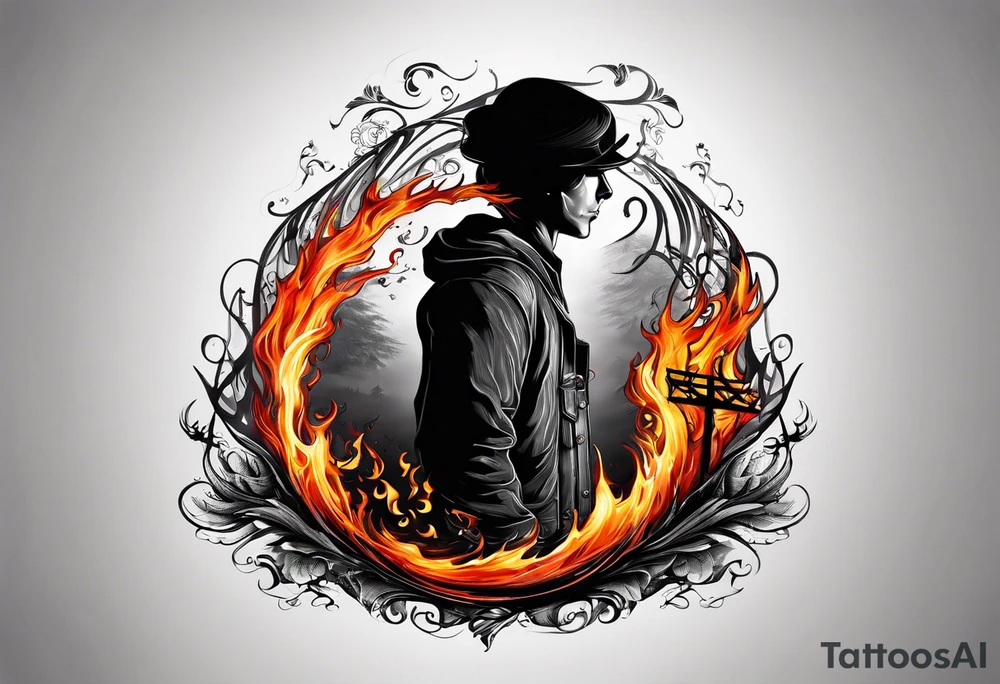 shadow in a fire with script "can't escape" tattoo idea