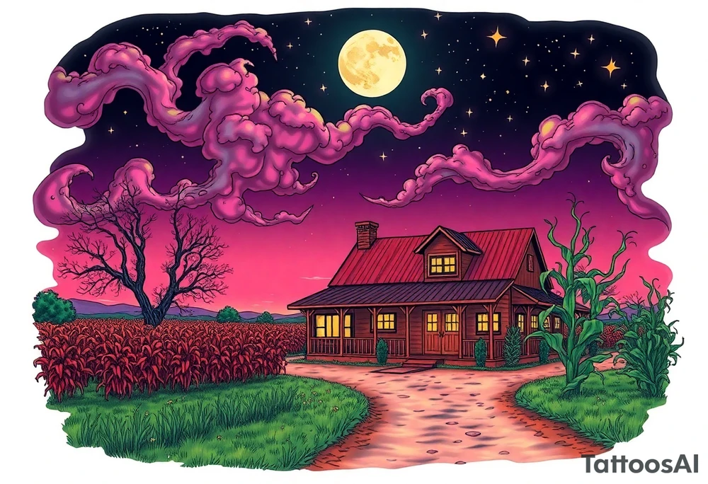 Tim Burton’s el paso texas farm house, with corn crops and pecan orchard from outside view is the street abandoned and dripping with muted reds, dusty pinks, and eerie green glow purple and cyan smokey clouds swirl and dance in the moonlit night sky filled with twinkling stars  tattoo idea tattoo idea