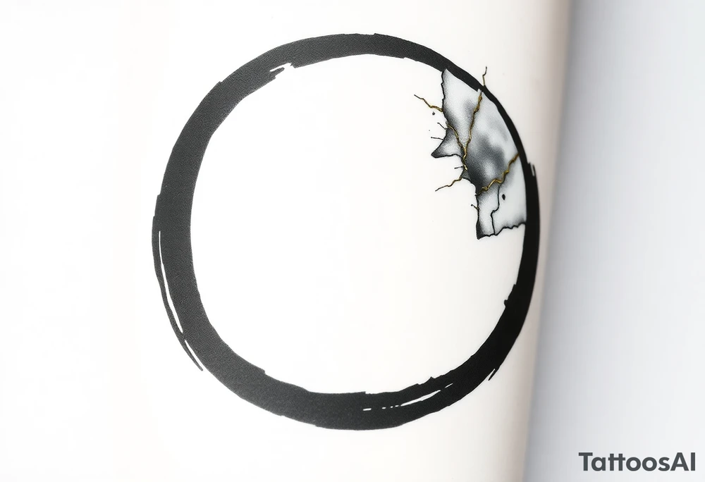 A minimalist Japanese‑inspired tattoo of a thick Zen ensō circle, drawn with a bold, hand‑painted black ink brushstroke. The circle is imperfect and organic, with visible texture and subtle variation in line thickness. About the last quarter of the circle, near the top‑right, transforms into a cracked ceramic segment that has been repaired using kintsugi: visible broken pieces outlined and joined by thin, flowing gold lines. The gold seams follow the natural fractures of the ceramic section, creating several branching cracks rather than a single line, clearly distinguishing this repaired portion from the rest of the smooth ink circle. The transition from ink to ceramic should feel natural, as if the painted circle solidifies into a fragile object that has been lovingly mended. Keep the interior of the circle empty (no tree, no mountains, no stars), with a clean white background and no extra symbols or text. Design it as a black and gray tattoo with a subtle metallic gold effect on the kintsugi seams, suitable for a medium‑sized placement on the inner forearm. tattoo idea