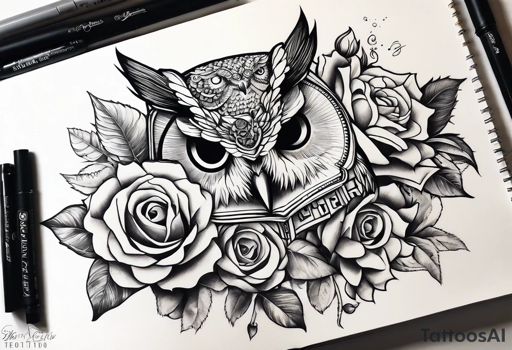 Sunflower, camera, book, owl, flower rose tattoo idea