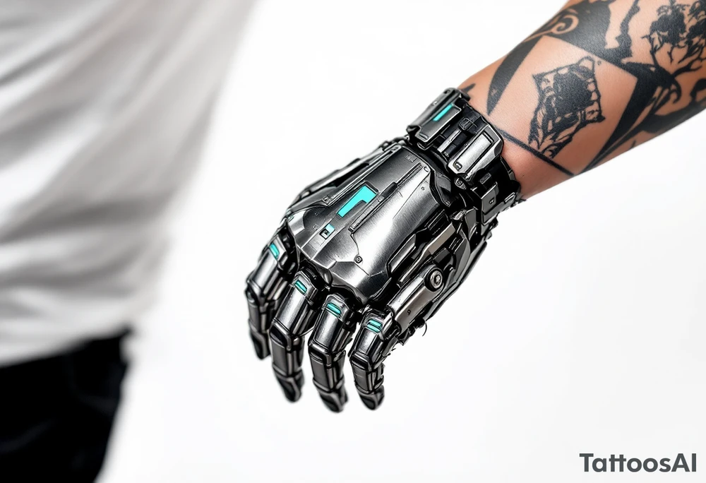 A tattooed mechanical glove with brushed silver plating and soft teal light strips running along the knuckles. tattoo idea