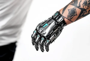 A tattooed mechanical glove with brushed silver plating and soft teal light strips running along the knuckles. tattoo idea