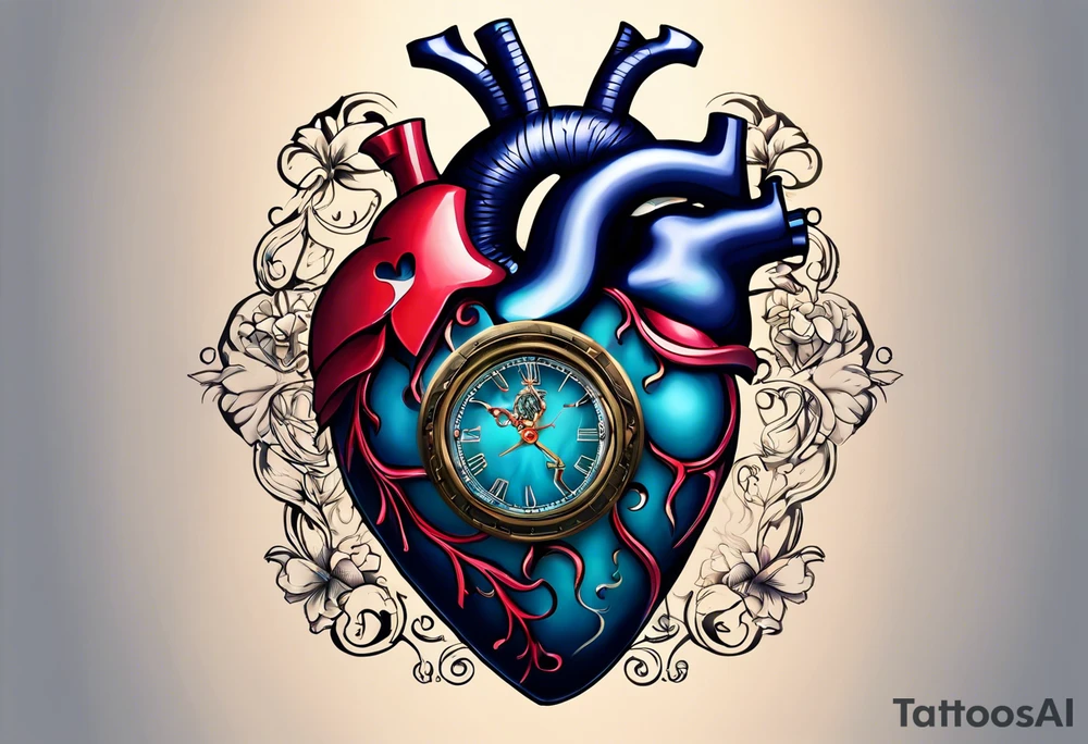 anatomical heart with clock in middle.
Clock hands on 8 and 5.
Never Say Never written on tattoo tattoo idea