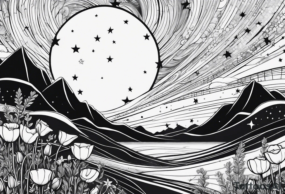 spine tattoo, poppy, stars, moon, cloud tattoo idea