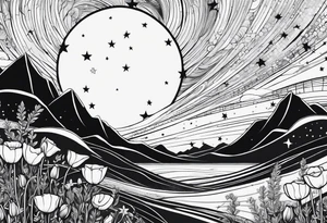 spine tattoo, poppy, stars, moon, cloud tattoo idea