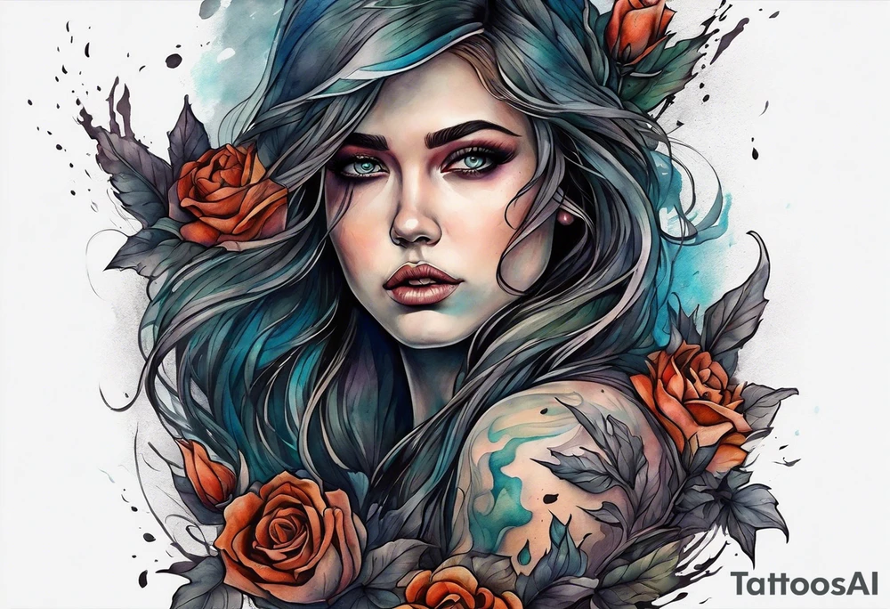 Courageous Woman with a tear running down her face walking out of a graveyard  leaving her old terrifying, scary, violent past behind her ethereal and mysterious tattoo idea