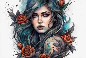 Courageous Woman with a tear running down her face walking out of a graveyard  leaving her old terrifying, scary, violent past behind her ethereal and mysterious tattoo idea