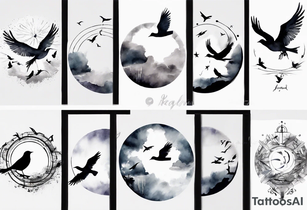 shoulder tattoo with light rays with birds flying free among the clouds, round shape, 3d effect tattoo idea