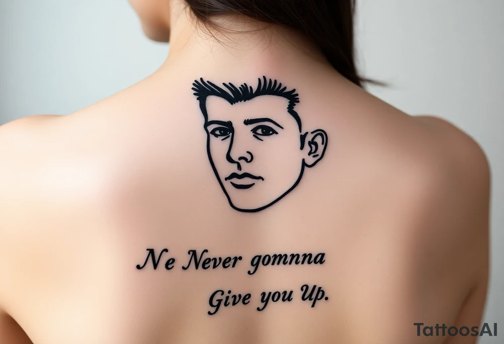 Rick Astley's Face outline with text Never Gonna Give You Up tattoo idea