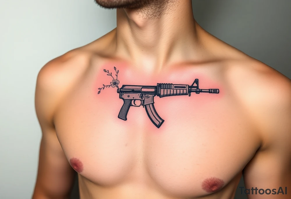 ak 47 black silhouette with floral details tattoo idea