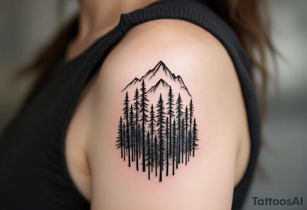 A minimalist tattoo of a forest with tall, slender trees leading toward a mountain range in the distance. The forest is dense at the bottom, filled with intricate fine lines, while the mountains gradually become more defined and detailed as they rise above the trees, representing the path out of struggle and into a clearer future. The tattoo could symbolize both the emotional journey of Exile and the hope and resolution in Out of the Woods tattoo idea