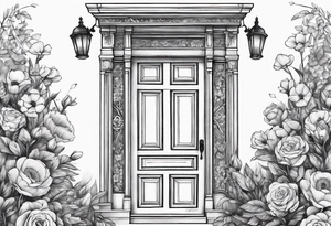 Door way stack of books flowers tattoo idea