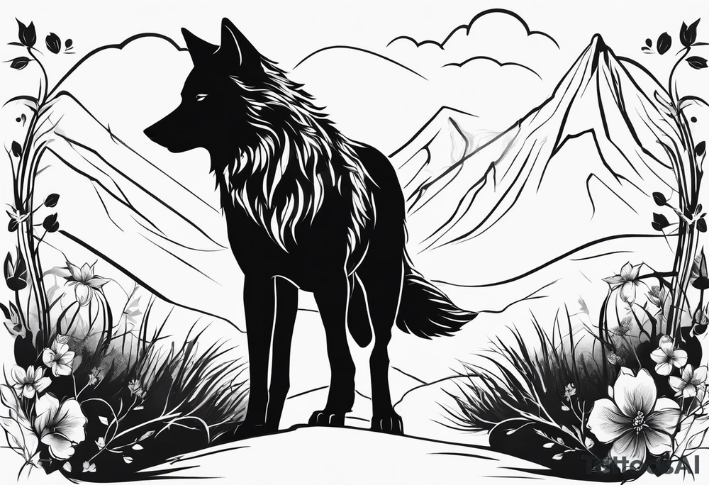 Two curved lines diverge, representing paths. One path is barren. The other path sprouts small leaves. Silhouette of a hunched wolf at the end of the barren path. Silhouette of a standing, open wolf at the end of the flowering path tattoo idea