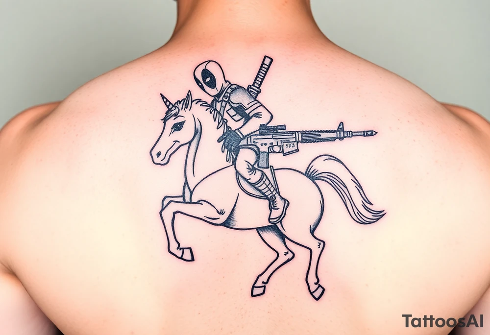 Deadpool riding unicorn holding Russian era RPG tattoo idea