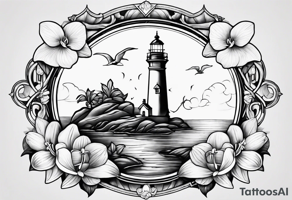 Lighthouse and an anchor and orchids tattoo idea
