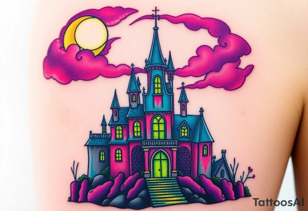 Tim Burton’s disney sleeping beauty’s haunted castle is abandoned and dripping with muted reds, dusty pinks, and eerie green glow.purple and cyan smokey clouds swirl in the crescent moonlit sky thats sprinkled with stars tattoo idea tattoo idea