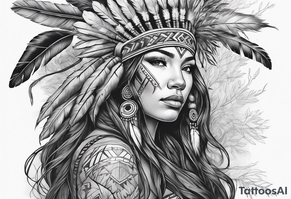Native american Forest goddess looking down side profile  tree branches forming into her face middle arm sleeve tattoo idea