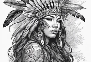 Native american Forest goddess looking down side profile  tree branches forming into her face middle arm sleeve tattoo idea