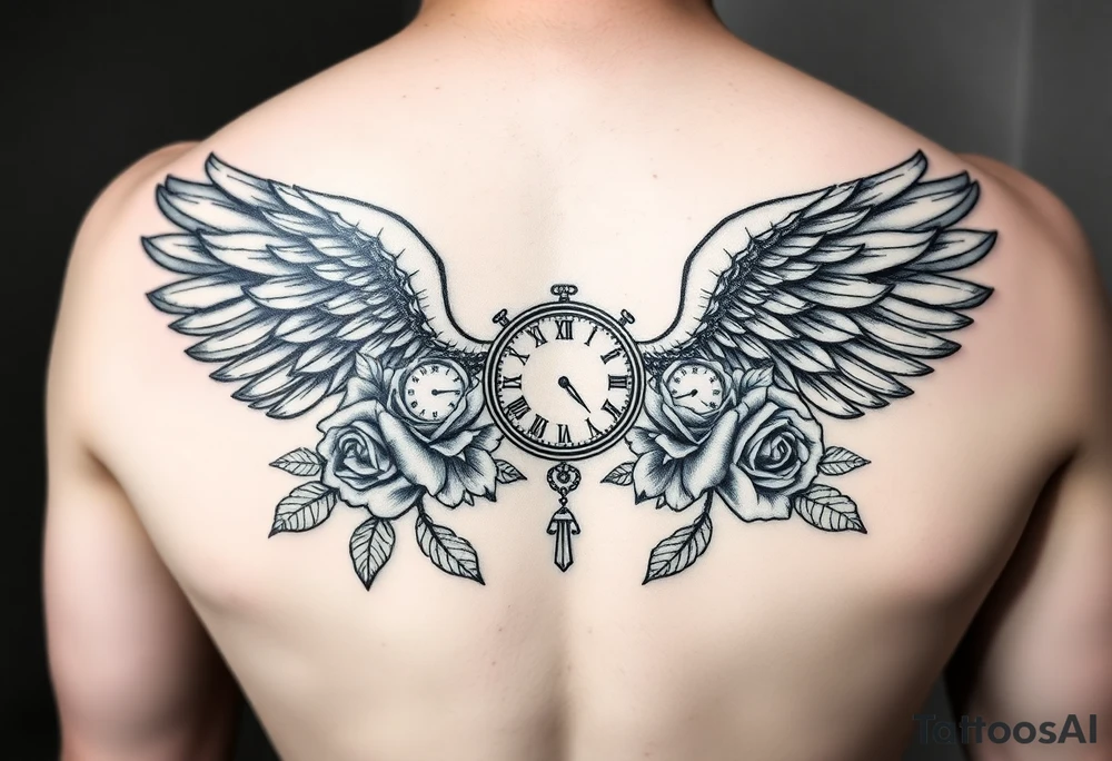 In memory of daddy angel wings and roses with clocks tattoo idea