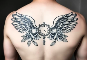 In memory of daddy angel wings and roses with clocks tattoo idea