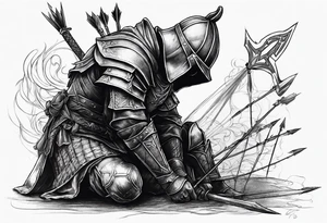 Side profile of a dying knight on his knees with five arrows sticking out of his back tattoo idea