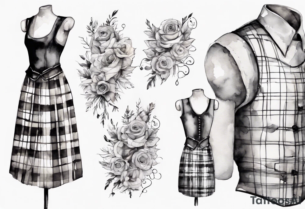 Tailor's mannequin with a little girl's plaid dress consisting of skirt and vest on top. Watercolour style tattoo idea
