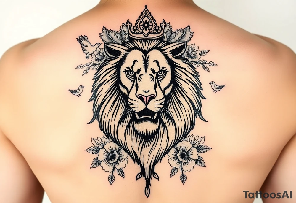 powerful majestic lion with a crown, surrounded by floral ornaments and birds tattoo idea