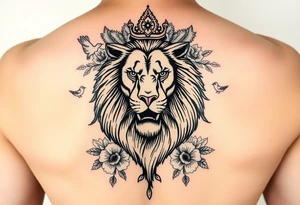 powerful majestic lion with a crown, surrounded by floral ornaments and birds tattoo idea