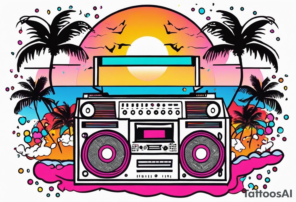 1980's miami vice style beach dance 
party, include confetti, music notes, boom box, bikinis sunset in the center tattoo idea