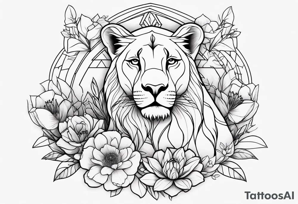 Birth flower tattoo with lioness and cubs tattoo idea