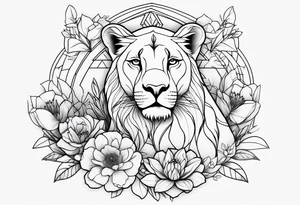 Birth flower tattoo with lioness and cubs tattoo idea