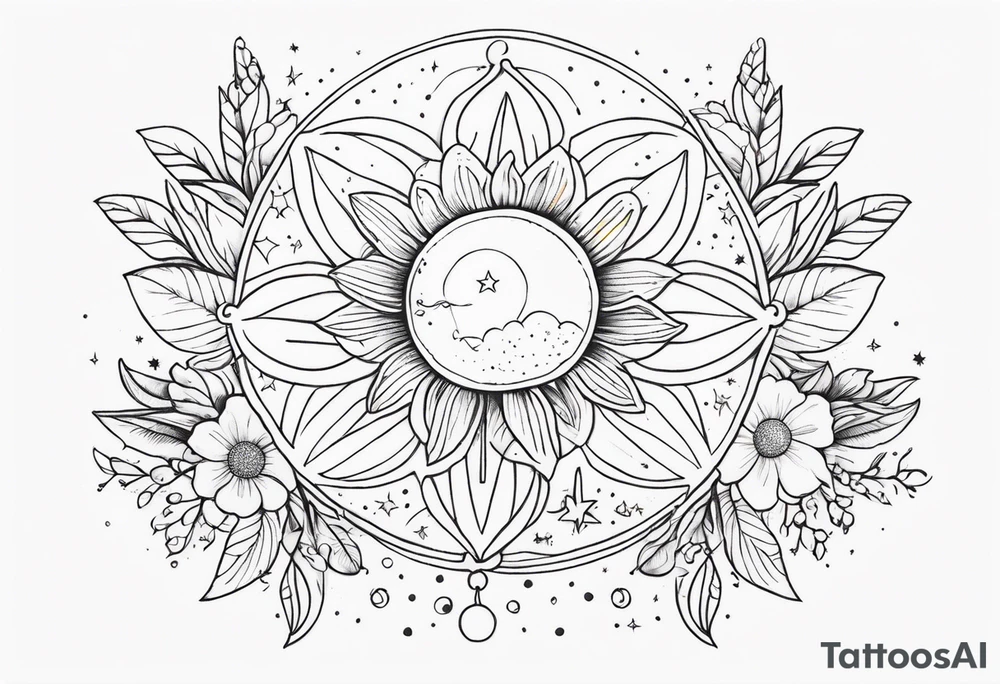 fine line with sun, stars, floral, dots. Sternum tattoo tattoo idea