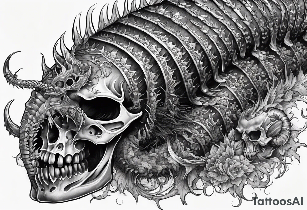 medieval centipede bony exposed bone rotting flesh
 with a fine point and sketch style tattoo idea