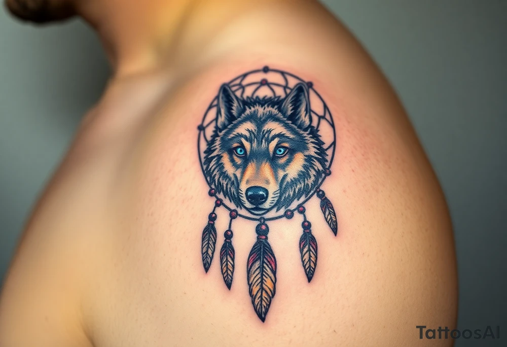 A detailed dreamcatcher with a wolf’s head in the center, surrounded by swirling feathers and beads. The wolf’s eyes glow in bright blue, with soft earth tones in the feathers tattoo idea