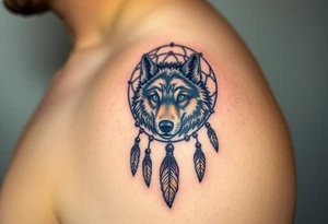 A detailed dreamcatcher with a wolf’s head in the center, surrounded by swirling feathers and beads. The wolf’s eyes glow in bright blue, with soft earth tones in the feathers tattoo idea