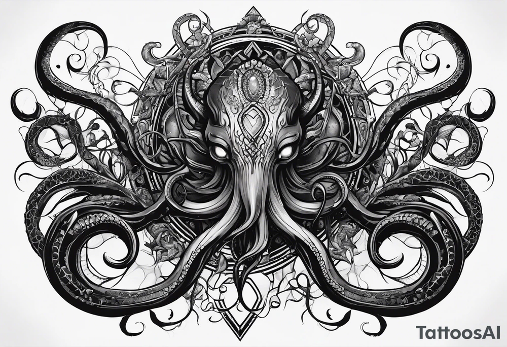 Long tattoo for forearm. Lovecraftian creature, with technological elements. Tentacles protect a heart. tattoo idea