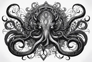 Long tattoo for forearm. Lovecraftian creature, with technological elements. Tentacles protect a heart. tattoo idea