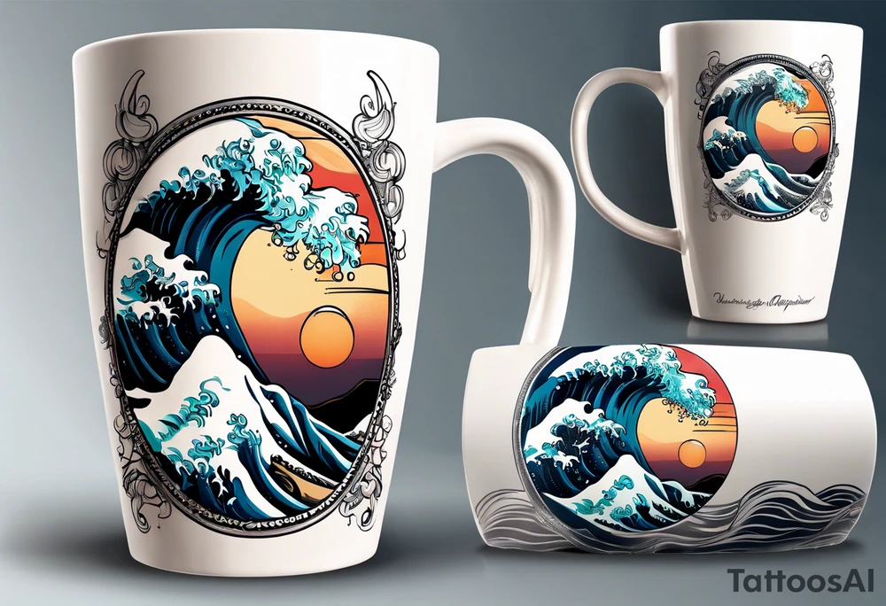 Circular design with coffee mug and ocean wave on mug tattoo idea