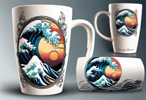 Circular design with coffee mug and ocean wave on mug tattoo idea