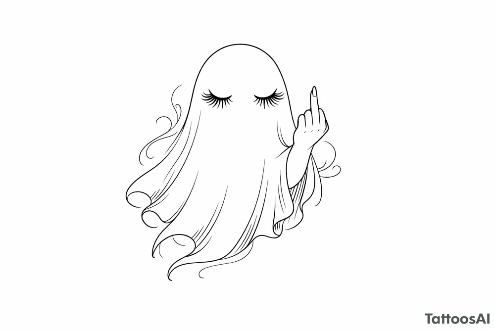 Ghost with long eyelashes giving middle finger fine line tattoo idea