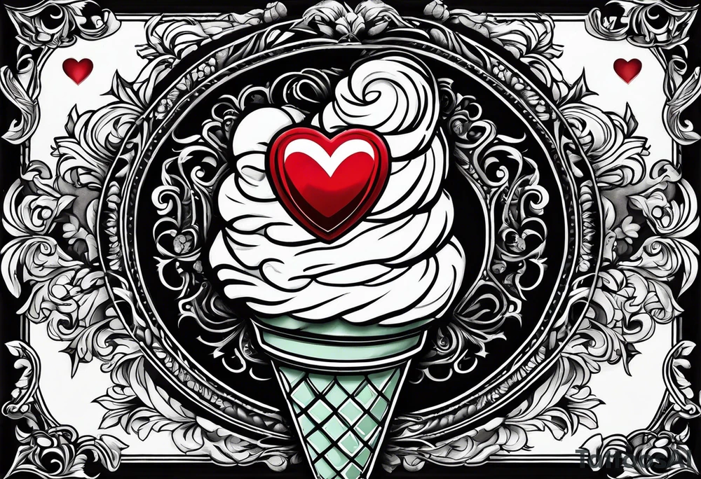 mint chocolate chip ice cream cone with small red heart on it somewhere. tattoo idea