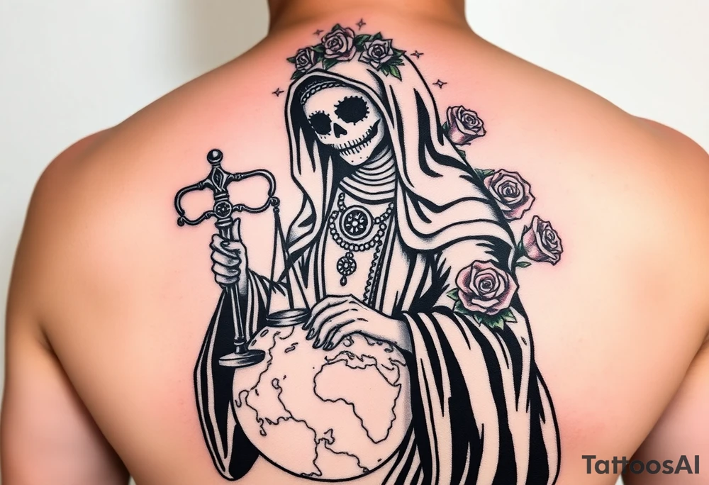 Santa muerte with a black robe. Holding her sythe and a scale. One food on the world and red roses placed in different areas. tattoo idea