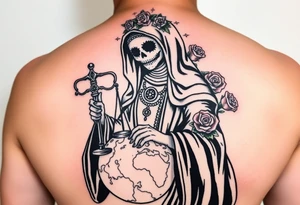 Santa muerte with a black robe. Holding her sythe and a scale. One food on the world and red roses placed in different areas. tattoo idea