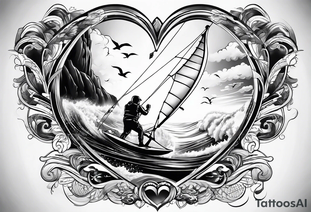I want a fine tattoo with lots of detail depicting a kitesurfer with a heart-shaped sail inflated by the wind. tattoo idea
